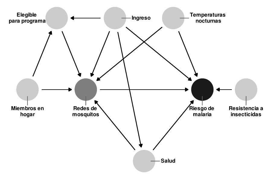 DAG del efecto de un hipotético programa de mosquiteros sobre el riesgo de malaria