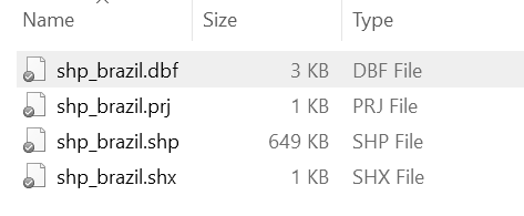Ejemplo de una carpeta que contiene un shapefile en Windows. Ten en cuenta que el archivo .shp contiene la gran mayoría de la información. Además, esta carpeta contiene un archivo .prj adicional