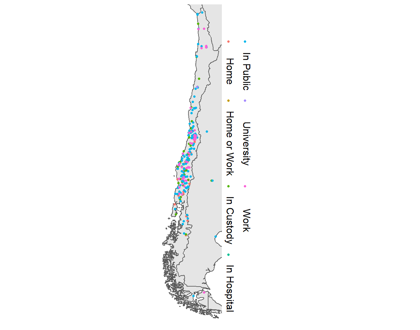 Mapa de la ubicación de las víctimas de la dictadura de Pinochet en Chile y sus países vecinos, codificado por color según el tipo de lugar
